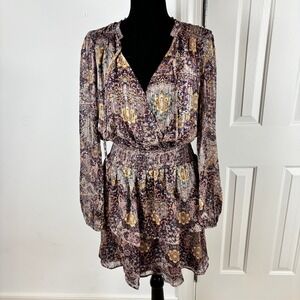 Socialite Paisley Smocked Tiered Long Sleeve Mini Dress Plum Pink Size L NWOT